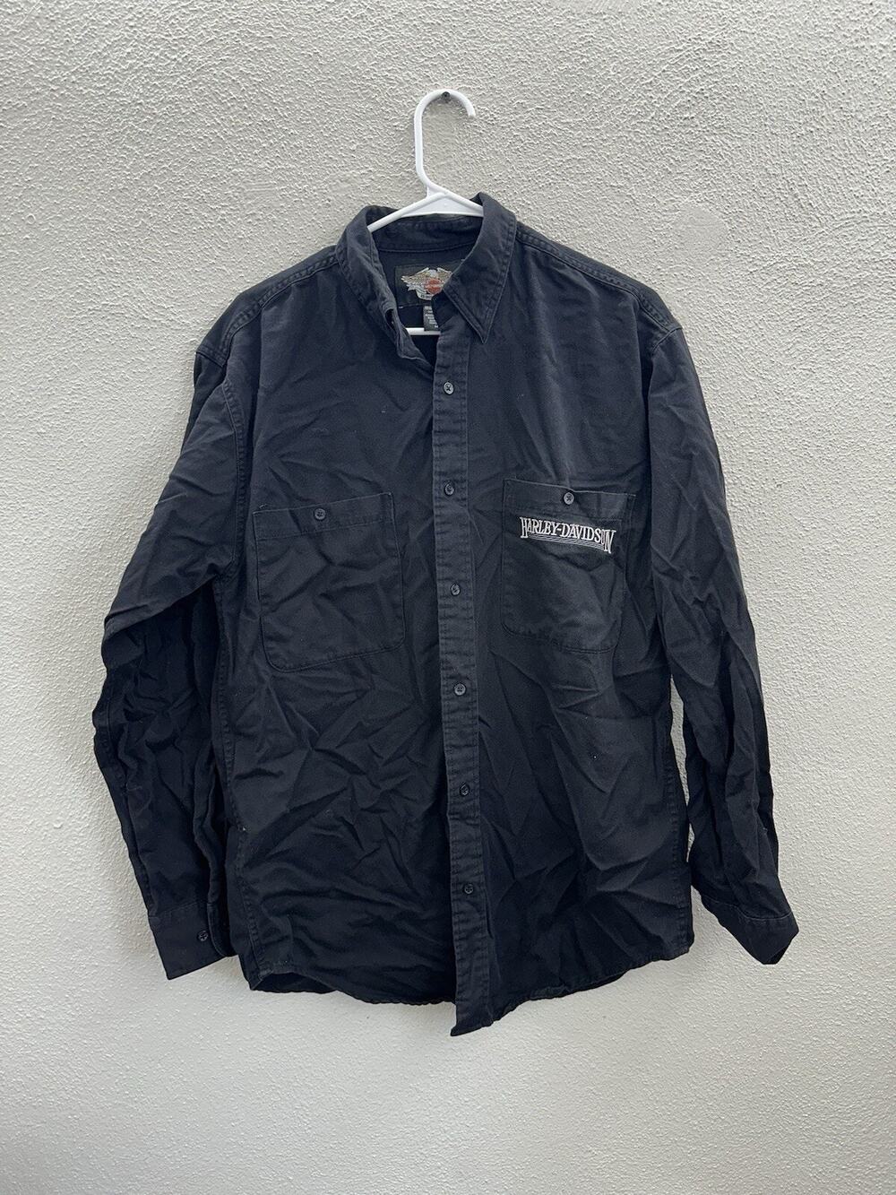 Harley Davidson Mens Button Down Shirt Medium Black Long Sleeve VTG Heavy Cotton